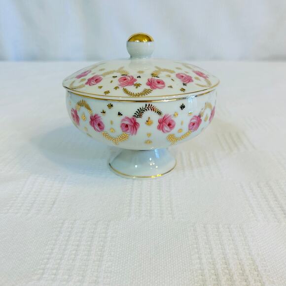 Pocelain Candy Dish Japan Lidded Pink Roses Gold Accents Lipper & Mann 30/12 - Picture 2 of 9